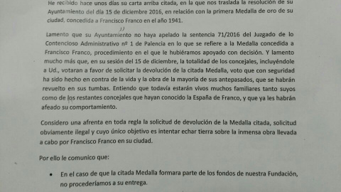 Carta remitida por la Fundación Nacional Francisco Franco