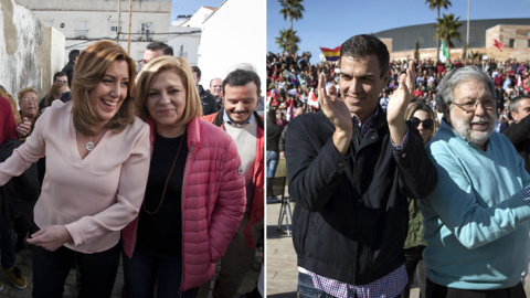 La presidenta de la Junta de Andalucía y líder del PSOE-A, Susana Díaz, junto a la eurodiputada Elena Valenciano, y el ex secretario general del PSOE, Pedro Sánchez, con el alcalde de Dos Hermanas, Francisco Toscano, en sus respectivos acto