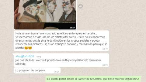 Conversación del grupo de Whatsapp de la Red de Solidaridad Popular para buscar al ilustrador.