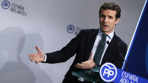 El vicesecretario de Comunicación del Partido Popular, Pablo Casado, durante la rueda de prensa que ofreció en la sede de Génova tras la reunión del Comite de Dirección del Partido Popular. EFE/MARISCAL