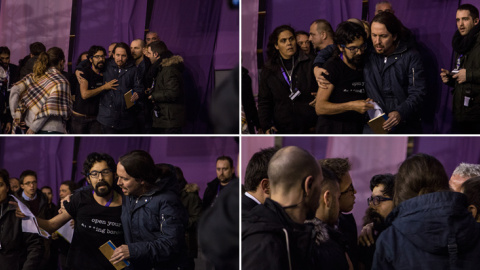 Secuencia de imágenes de Pablo Iglesias, con el espontáneo que intentó subir al escenario de la Asamblea Ciudadana Estatal de Podemos en Madrid, JAIRO VARGAS