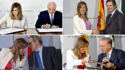 De izquierda a derecha y de arriba a abajo, la presidenta de la Junta de Andalucía con los presidentes de las grandes empresas y bancos con los que firmó acuerdos al princio de su mandato:  BBVA, Francisco González, Endesa, Borja Prado, de 