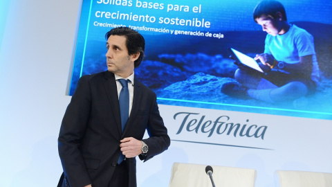 El presidente de Telefónica, José María Álvarez-Pallete, durante la rueda de prensa que ha ofrecido con motivo de la presentación de los resultados anuales de la compañía. EFE/Fernando Villar