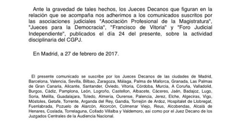 Comunicado de los jueces decanos con motivo de la investigación secreta abierta al juez Ruiz de Lara por el CGPJ.