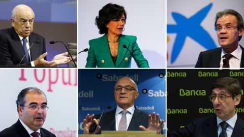 De izquierda a derecha y de arriba a abajo, el presidente del BBVA, Francisco González, la del Santander, Ana Botín, el de Caixabank, Jordi Gual, el ex presidente del Popular, Ángel Ron, el del Sabadell, Josep Oliú, y el de Banki, José Igna