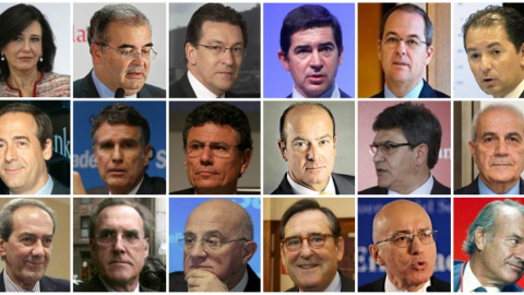 De izquierda a derecha y de arriba a abajo:  Ana Botín (Santander), Ángel Ron (Popular), Antonio Massanell Lavilla (Caixabank), Carlos Torres (BBVA), Francisco Aparicio Valls (Popular), Francisco Gómez Martín (Popular), Gonzalo Gortázar (Ca