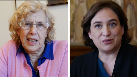 Las alcaldesas de Madrid y Barcelona, Manuela Carmena y Ada Colau, apoyan en un vídeo en su cuenta de Twitter el paro internacional del 8 de marzo.