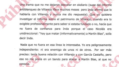 Fragmento del escrito de Francisco Mercado sobre las instrucciones 'periodísticas' de Eduardo Inda.