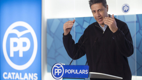 El coordinador general del PPC, Xavier Garcia Albiol, durante la rueda de prensa que ha ofrecido hoy, tras ser proclamado como candidato a la presidencia del partido. FE/Quique García