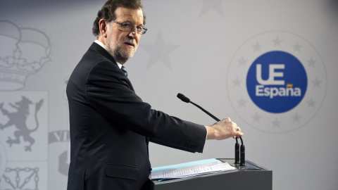 El presidente del Gobierno, Mariano Rajoy, durante la rueda de prensa al término de la reunión de Bruselas de los líderes de la Unión Europea (UE). EFE/Horst Wagner