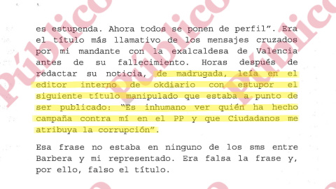 Fragmento, referido a los mensajes póstumos de Rita Barberá, de la denuncia de Francisco Mercado por la manipulación de sus textos en el medio digital de Eduardo Inda.