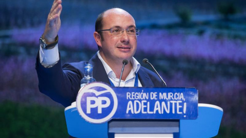 El nuevo presidente del Partido Popular en la Región de Murcia, Pedro Antonio Sánchez, durante su intervención en el 16º Congreso del partido en Murcia, donde ha salido elegido como nuevo presidente del partido, hoy en el Auditorio Regional