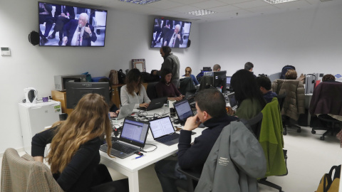 Vista de la sala de prensa de la Audiencia Nacional durante la declaración del exconseller catalán de Economía Macià Alavedra en el juicio del caso Pretoria. EFE/Javier Lizón