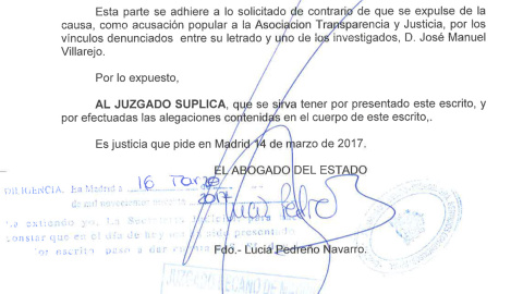 Fragmento de la alegación del abogado del Estado reclamando la expulsión de la causa del pequeño Nicolás al excomisario Villarejo por sus vínculos con la Asociación Transparencia y Justicia.