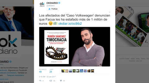 El tuit de OKdiario en el que se anuncia la falsa 'exclusiva' y se muestra el emoji de indignación contra el portavoz de FACUA, Rubén Sánchez.