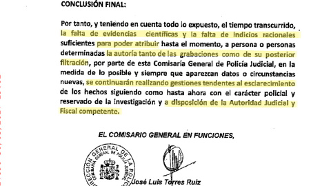 Informe de la Policia Judicial a la Comisión de Investigación: la conclusión de la Policía Judicial es que carece de "evidencias científicas e indicios racionales" para atribuir la autoría de las grabaciones y de su filtración.