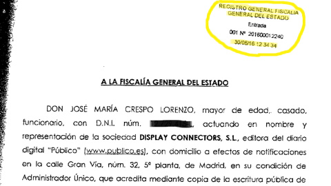 Informe de la Policia Judicial a la Comisión de Investigación: encabezado del escrito de 'Público' de entrega de las grabaciones a la Fiscalía General del Estado, con fecha 30/06/16.