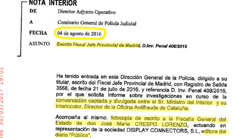 Informe de la Policia Judicial a la Comisión de Investigación: nota del DAO constatando la entrada del escrito del fiscal jefe provincial de Madrid que incluye fotocopia del escrito de entrega por 'Público' de las grabaciones íntegras.