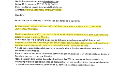 Informe de la Policia Judicial a la Comisión de Investigación: mensaje de la Jefatura de Sistemas Especiales sobre los barridos del despacho del ministro del Interior de 2012 a 2016.