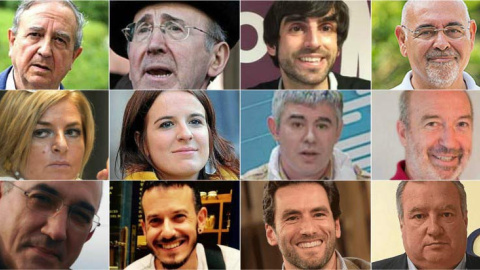 De arriba a abajo, y de izquierda a derecha, Iñaki Anasagasti, Tasio Erkizia, Edu Maura, Josean Pastor, Consuelo Ordóñez, Ane Muguruza, Urtzi Errazkin, Manu Arrue, Xabi Ansa, Santi Martínez, Borja Sémper, Roberto Larrañaga.