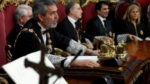 El expresidente del CGPJ y del Tribunal Supremo Carlos Lesmes durante una intervención en la ceremonia de toma de posesión de tres nuevos jueces. Imagen de Archivo. -Chema Moya / EFE 