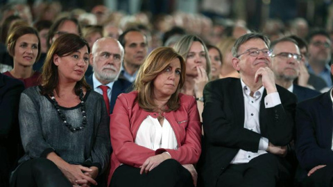 Les presidentes de Balears, Francina Armengol; Andalusia, Susana Dízaz, i Comunitat Valenciana, Ximo Puig, a l'acte de comiat a Carme Chacón