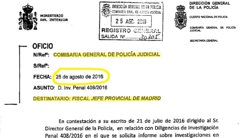 Informe de la Policia Judicial a la Comisión de Investigación: Oficio dirigido al Fiscal Jefe Provincial de Madrid con las conclusiones de la investigación sobre las grabaciones, fechado el 25 de agosto de 2016.