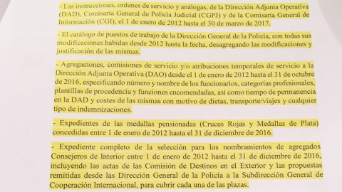 Fragmento de la lista de solicitudes de materiales presentada por el PSOE en la comisión de investigación del Congreso sobre Fernández Díaz.