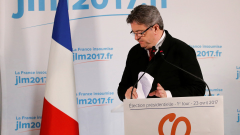 El candidato izquierdista, Jean-Luc Melenchon, tras su discurso ante los simpatizantes del partido La Francia Insumisa.- REUTERS