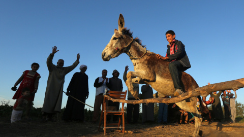 Ahmed Ayman, de 14 años y que vive en un pequeño pueblo en el norte del Delta del Nilo de Egipto, entrena a su burro, Rihanna, para saltar obstáculos, como muchos lo han hecho en los últimos años en Mansoura, Egipto. REUTERS / Mohamed Abd E