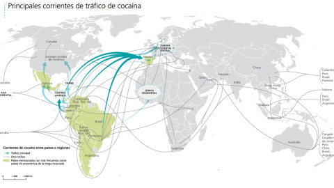 Principales corrientes del tráfico de cocaína a nivel mundial. Fuente: Oficina de Naciones Unidas contra la Droga y el Delito (UNDOC).