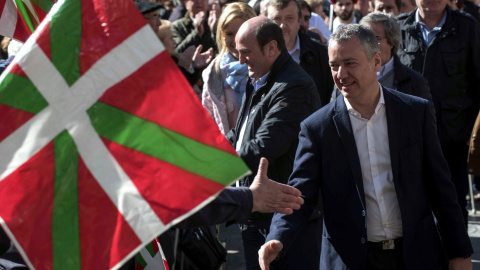 El lehendakari, Iñigo Urkullu, durante la celebración del Aberri Eguna, Día de la Patria vasca,  en Bilbao. El Euskadi Buru Batzar ha propuesto  a Urkullu como candidato a lehendakari a las próximas elecciones autonómicas y él ha aceptado p