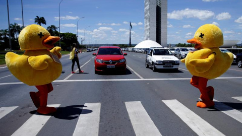 Más de 5.000 patos inflables puestos por la Federación de las Industrias del Estado de Sao Paulo (Fiesp), frente al Congreso Nacional en Brasilia (Brasil). EFE/Fernando Bizerra JR