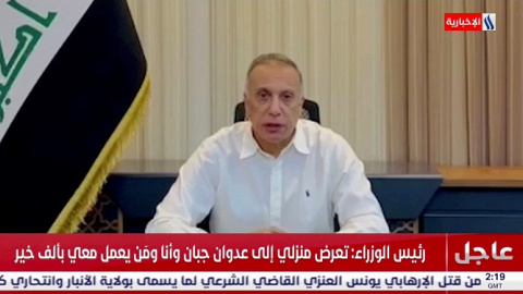 07/11/2021 El primer ministro iraquí Mustafa Al-Kadhimi comparece después de un intento de asesinato con dron en Bagdad