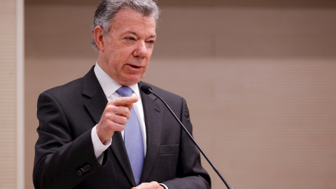 El expresidente de Colombia y Premio Nobel de la Paz Juan Manuel Santos durante el acto conmemorativo de los Acuerdos de Paz en Colombia,  en Madrid. EFE/Zipi