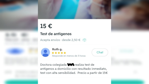 Una enfermera ofrece sus servicios en Wallapop para realizar test de antígenos.