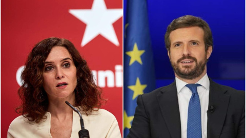 La presidenta de la Comunidad de Madrid, Isabel Díaz Ayuso y el presidente del PP, Pablo Casado, pronunciando sus respectivos discursos de balance de año.