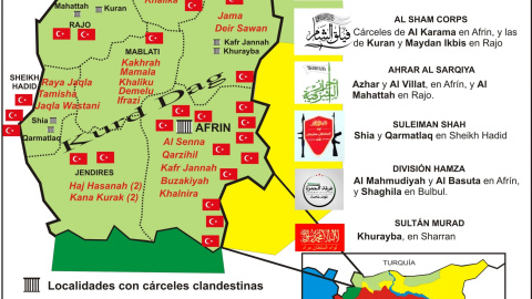 03/01/22. Mapa de la ubicación de las cárceles clandestinas de Afrín, donde tienen lugar las torturas.