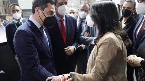 El presidente de la Junta de Andalucía, Juanma Moreno; el vicepresidente de la Junta de Andalucía, Juan Marín y la presidenta de Ciudadanos, Inés Arrimadas.