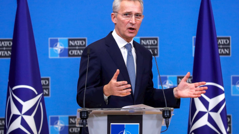 El secretario general de la OTAN, Jens Stoltenberg, durante una rueda de prensa conjunta al final de una reunión en la sede de la OTAN en Bruselas, Bélgica, el 24 de enero de 2022.