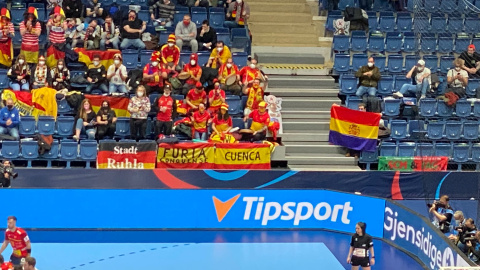 Imagen del momento en el que Ernesto Sarabia exhibe la bandera tricolor en el mundial de Balonmano masculino