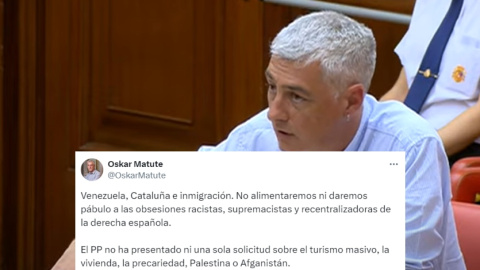 'Collage' con una captura de pantalla de la intervención de Oskar Matute y su tuit