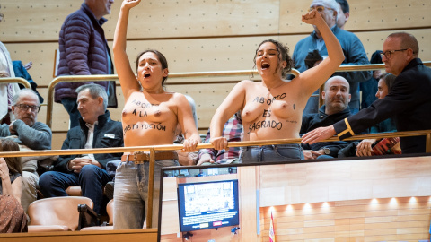 Dos activistas durante una acción de FEMEN durante un pleno en el Senado, en Madrid (España).