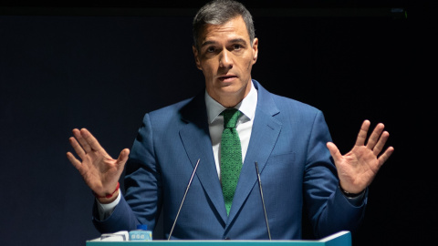 El presidente del gobierno, Pedro Sánchez, durante la apertura del evento 'World in Progress' de Grupo Prisa, a 14 de octubre de 2024, en Barcelona.