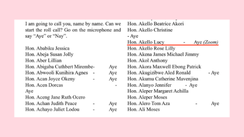 28/11/2024 Diario de sesiones del Parlamento de Uganda. Subrayado en rojo, el voto favorable de Lucy Akello a le ley antihomosexualidad.