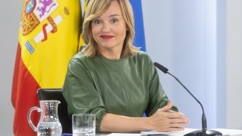 La ministra portavoz del Gobierno, Pilar Alegría, durante la rueda de prensa ofrecida este jueves en Moncloa tras el Consejo de Ministros.