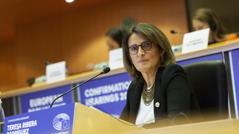  Teresa Ribera, durante su intervención en el Parlamento Europeo, a 12 de noviembre de 2024.- EP