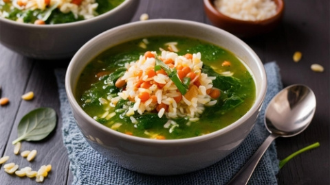 Sopa de espinacas con lentejas y arroz. 