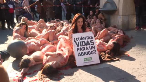 Activistas protestan desnudos en Barcelona contra el uso de pieles naturales