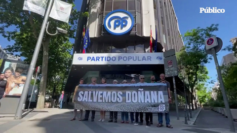 Vídeo | Ecologistas protestan frente a la sede del PP para denunciar las "nefastas" políticas en Doñana